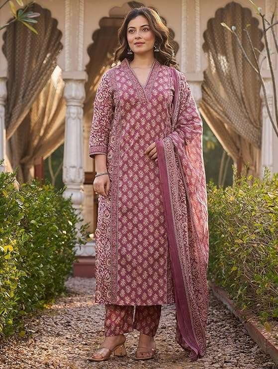Arayna Women’s Cotton Printed Kurta Set with Pants & Dupatta - Image 3