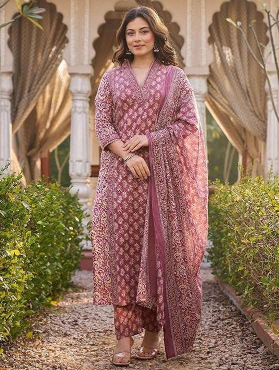 Arayna Women’s Cotton Printed Kurta Set with Pants & Dupatta - Image 5