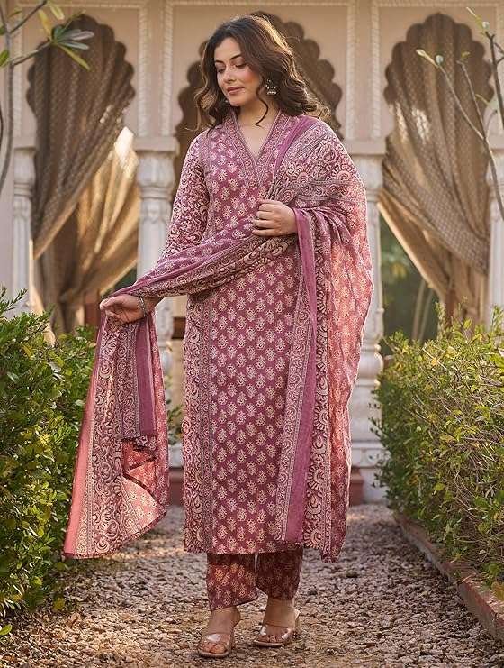 Arayna Women’s Cotton Printed Kurta Set with Pants & Dupatta - Image 4